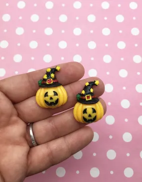 3 Pumpkins with Witch Hats Cabs, Jack O Lantern Cabochons, Cute Halloween Cabochons, DH11a