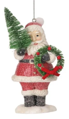 4.5" Frosted Santa Ornament with Tree & Wreath