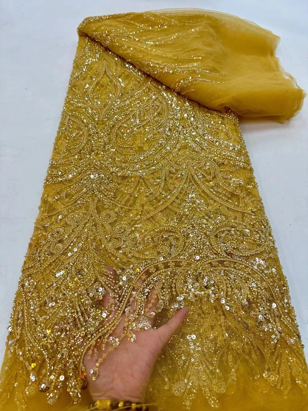 5 YARDS / 12 COLORS / Elompia Sequin Beaded Embroidery Tulle Mesh Lace Dress Fabric
