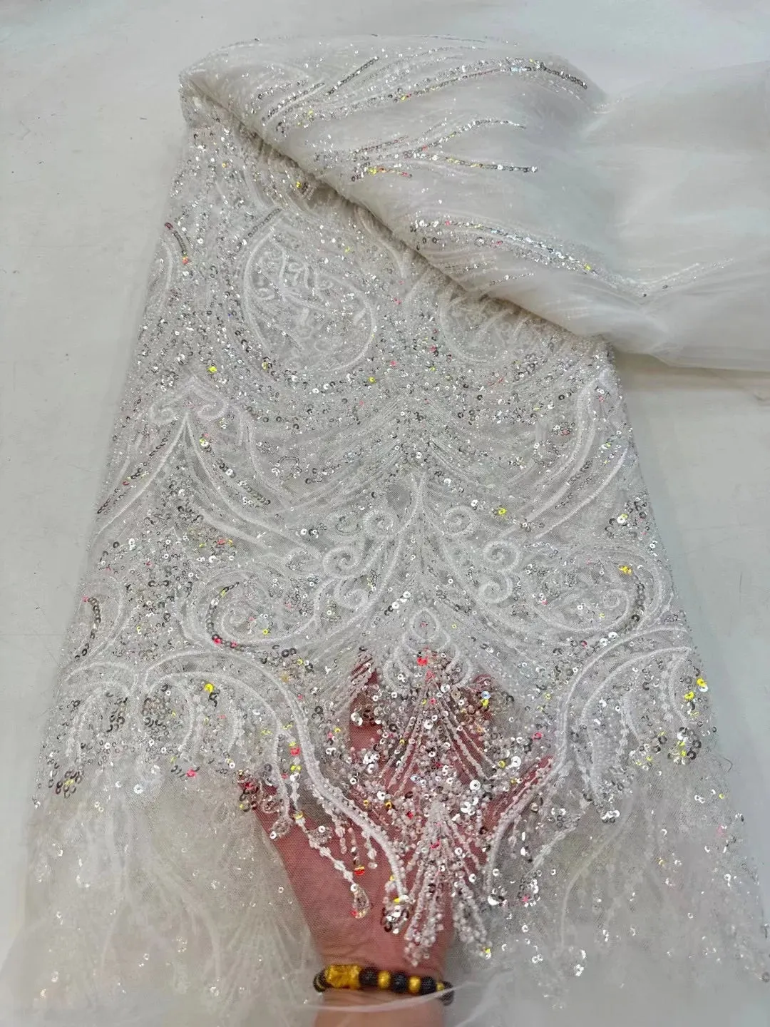 5 YARDS / 12 COLORS / Elompia Sequin Beaded Embroidery Tulle Mesh Lace Dress Fabric