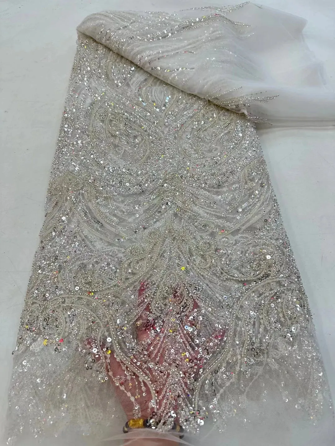 5 YARDS / 12 COLORS / Elompia Sequin Beaded Embroidery Tulle Mesh Lace Dress Fabric