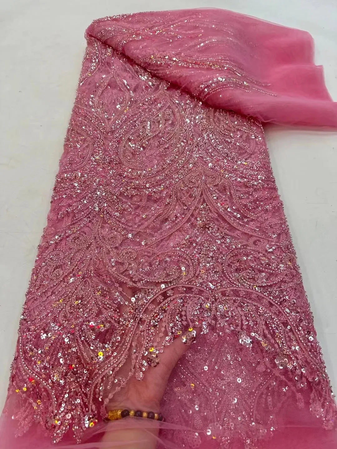 5 YARDS / 12 COLORS / Elompia Sequin Beaded Embroidery Tulle Mesh Lace Dress Fabric