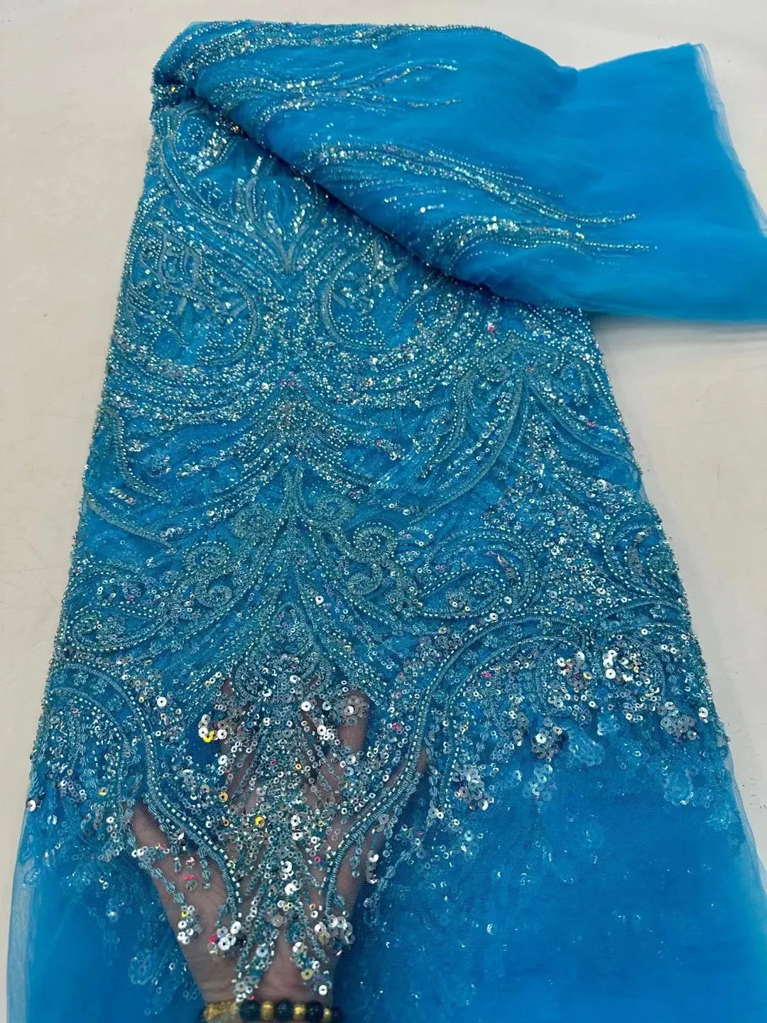 5 YARDS / 12 COLORS / Elompia Sequin Beaded Embroidery Tulle Mesh Lace Dress Fabric
