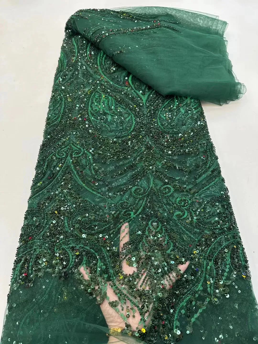 5 YARDS / 12 COLORS / Elompia Sequin Beaded Embroidery Tulle Mesh Lace Dress Fabric