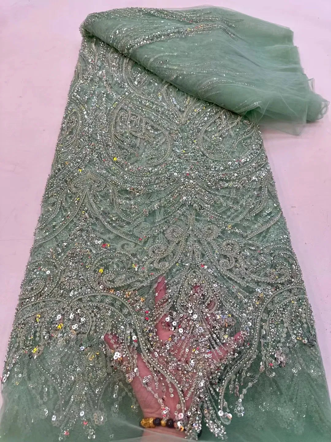 5 YARDS / 12 COLORS / Elompia Sequin Beaded Embroidery Tulle Mesh Lace Dress Fabric