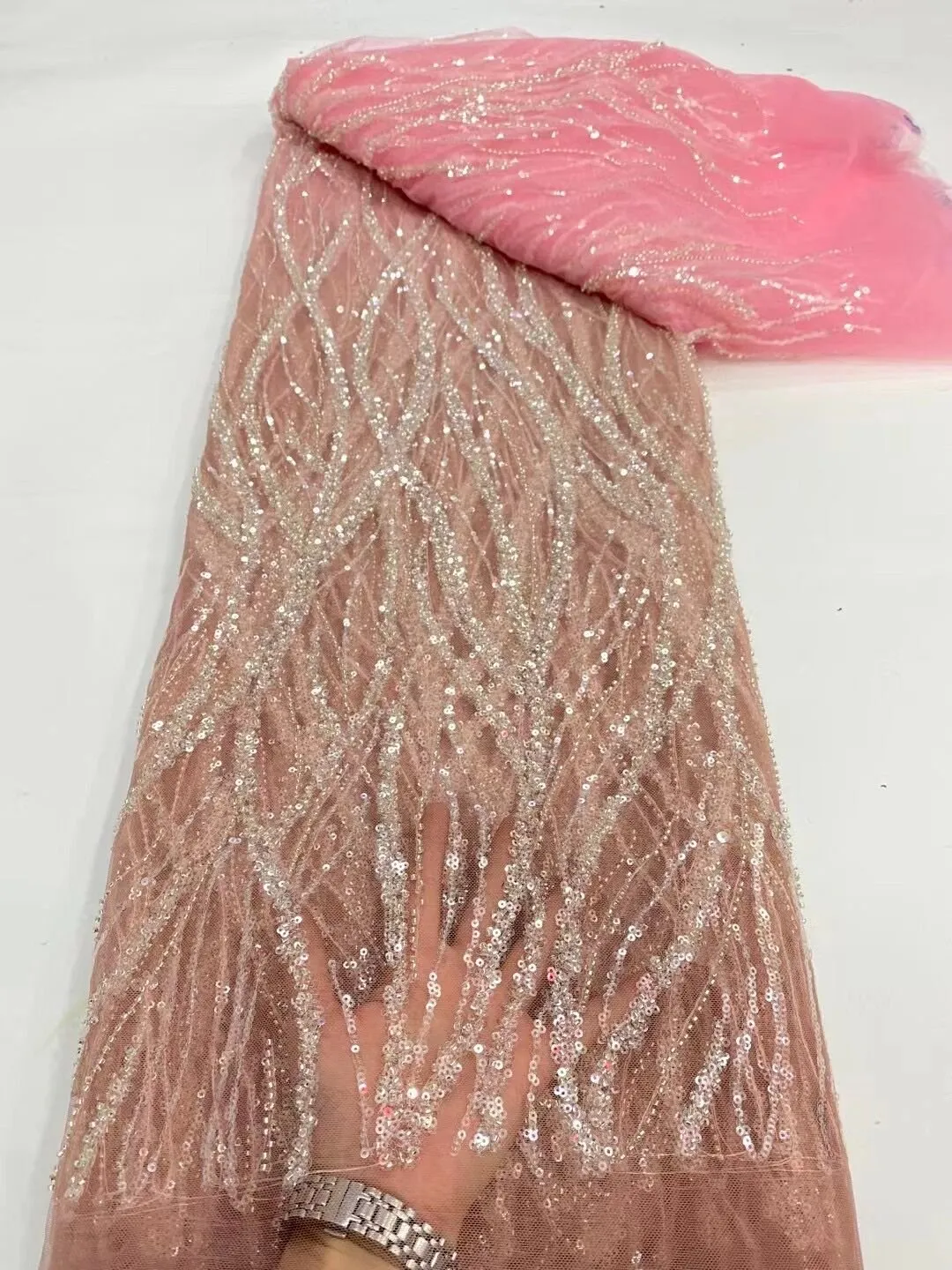 5 YARDS / 12 COLORS / Nihel Lines Abstract Sequin Beaded Embroidered Tulle Mesh Lace Party Prom Bridal Dress Fabric