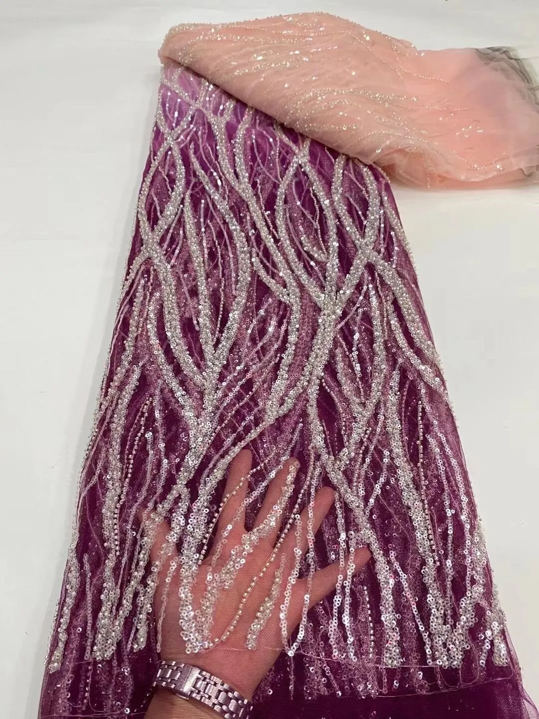 5 YARDS / 12 COLORS / Nihel Lines Abstract Sequin Beaded Embroidered Tulle Mesh Lace Party Prom Bridal Dress Fabric