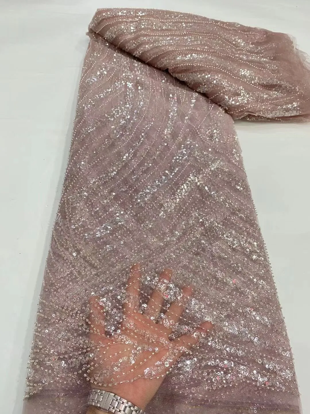 5 YARDS / 12 COLORS / Nihel Lines Abstract Sequin Beaded Embroidered Tulle Mesh Lace Party Prom Bridal Dress Fabric