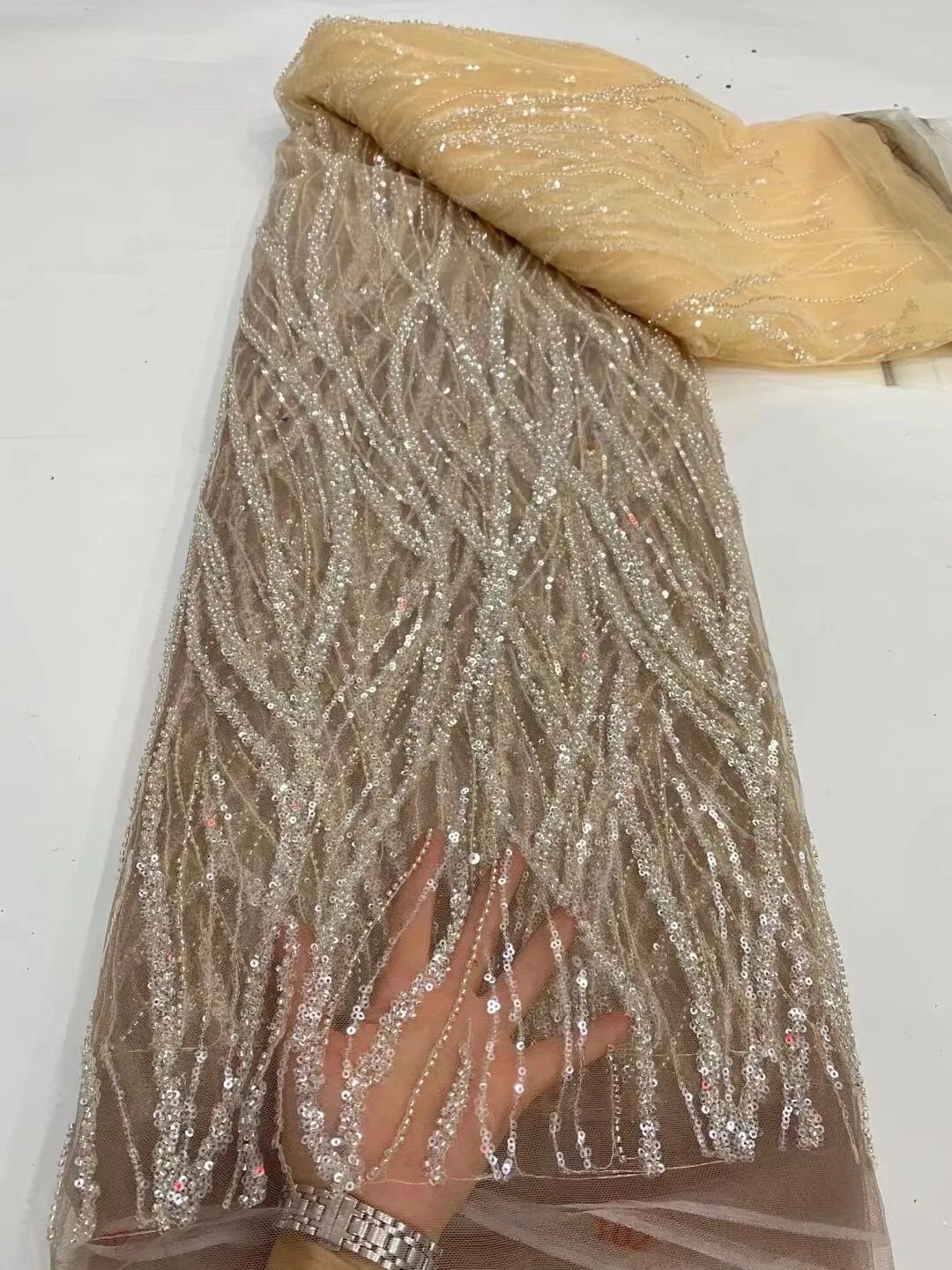 5 YARDS / 12 COLORS / Nihel Lines Abstract Sequin Beaded Embroidered Tulle Mesh Lace Party Prom Bridal Dress Fabric