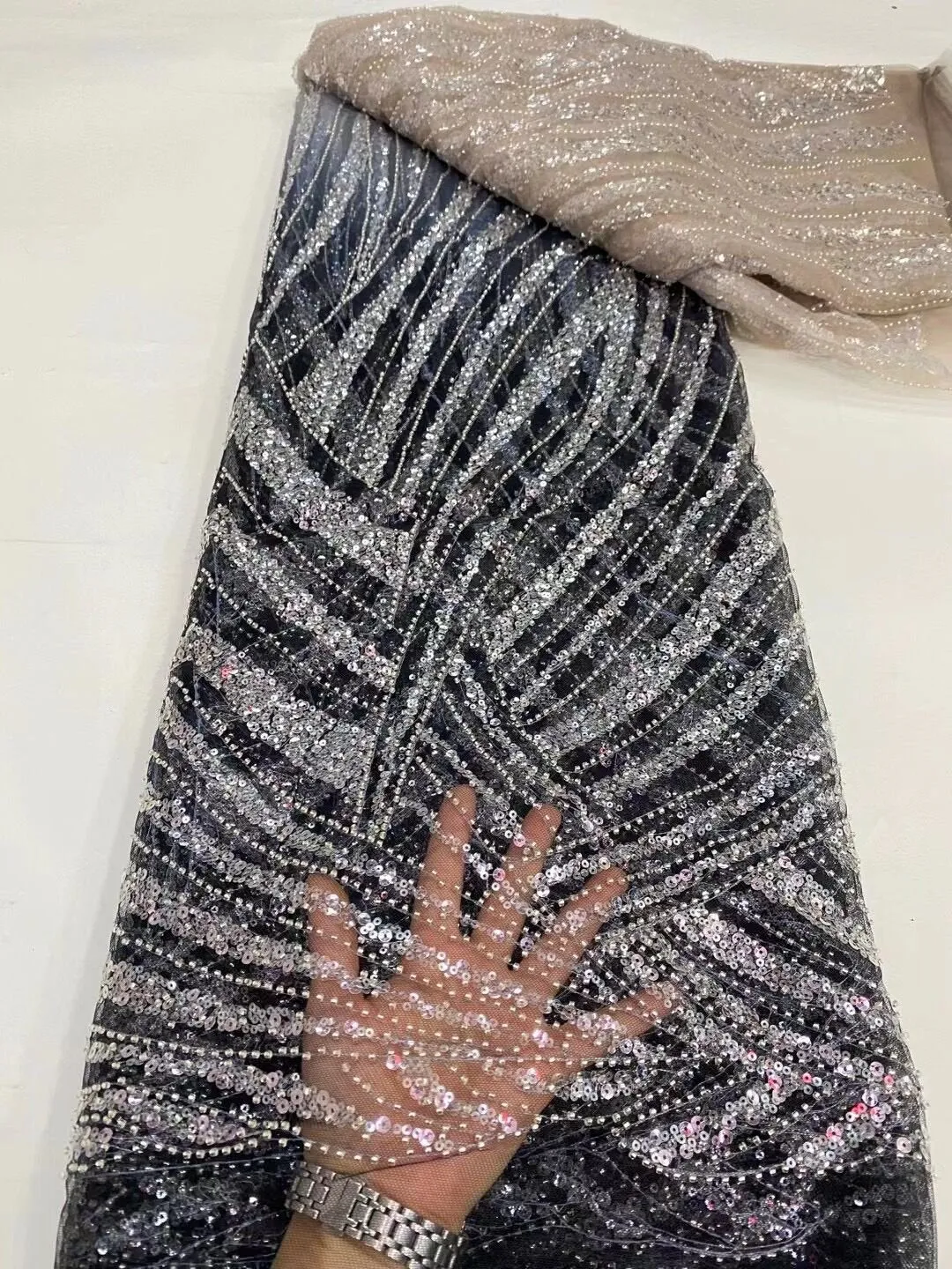 5 YARDS / 12 COLORS / Nihel Lines Abstract Sequin Beaded Embroidered Tulle Mesh Lace Party Prom Bridal Dress Fabric