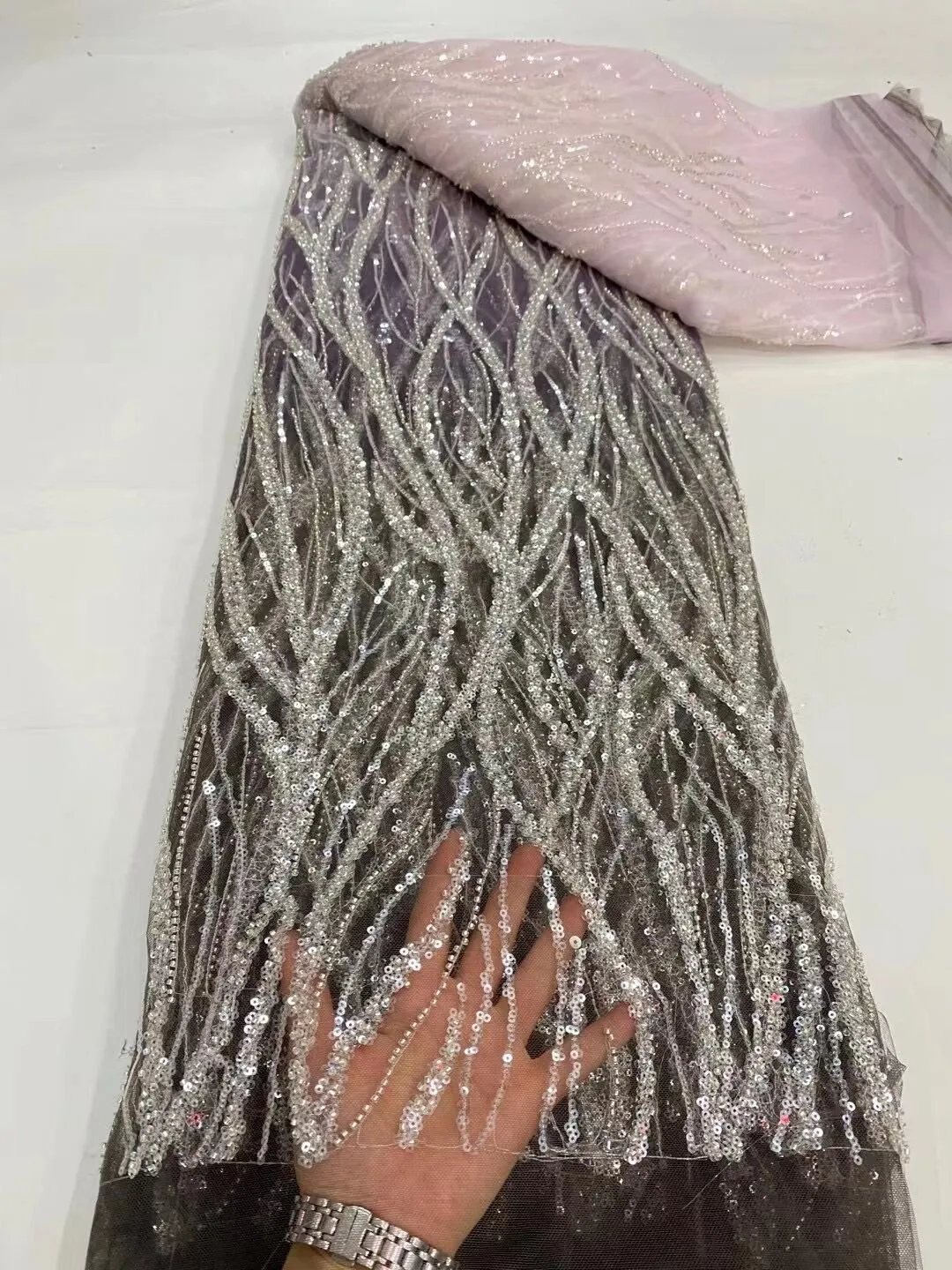 5 YARDS / 12 COLORS / Nihel Lines Abstract Sequin Beaded Embroidered Tulle Mesh Lace Party Prom Bridal Dress Fabric