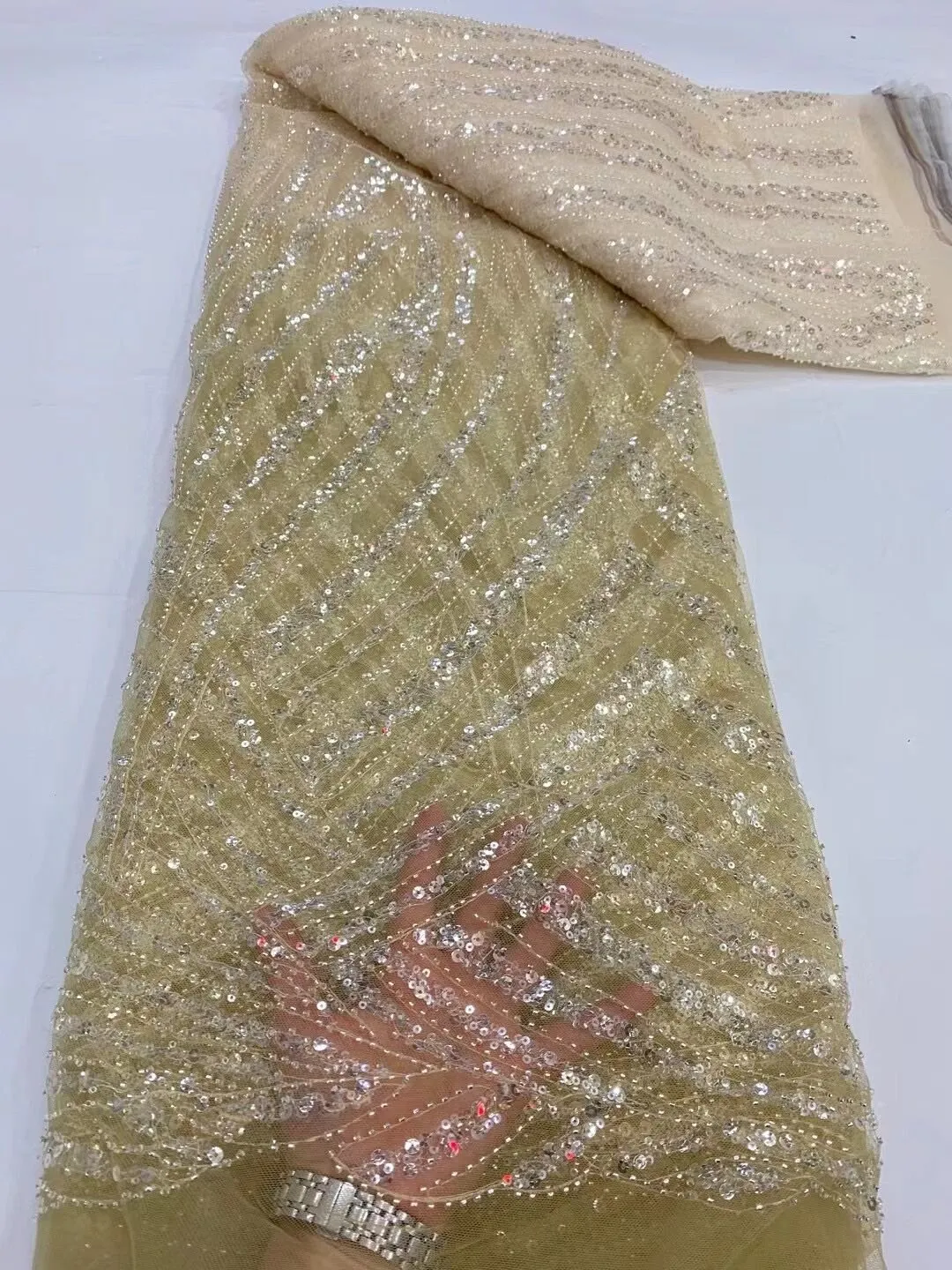 5 YARDS / 12 COLORS / Nihel Lines Abstract Sequin Beaded Embroidered Tulle Mesh Lace Party Prom Bridal Dress Fabric
