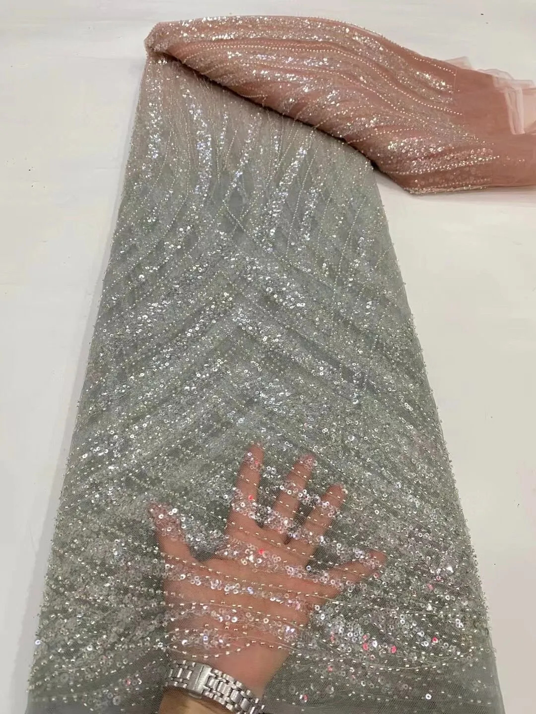 5 YARDS / 12 COLORS / Nihel Lines Abstract Sequin Beaded Embroidered Tulle Mesh Lace Party Prom Bridal Dress Fabric