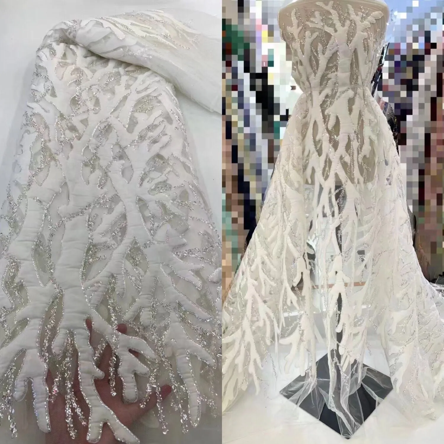 5 YARDS / 16 COLORS / Janes Geometric Beaded Embroidery Glitter Mesh Lace  Party Prom Bridal Dress Fabric