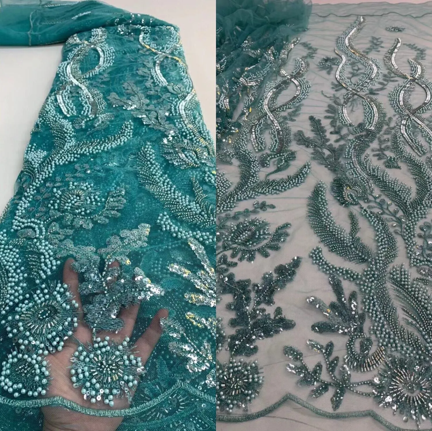 5 YARDS / 20 COLORS / Baya Floral Beaded Embroidery Sequin Mesh Lace Party Prom Bridal Dress Fabric