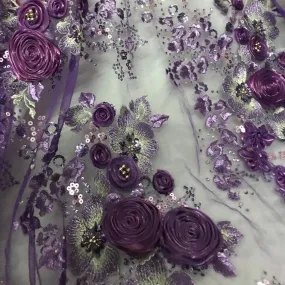 5 YARDS / Andremeli Purple Floral Sequin Beaded Embroidery Tulle Mesh Lace Dress Fabric