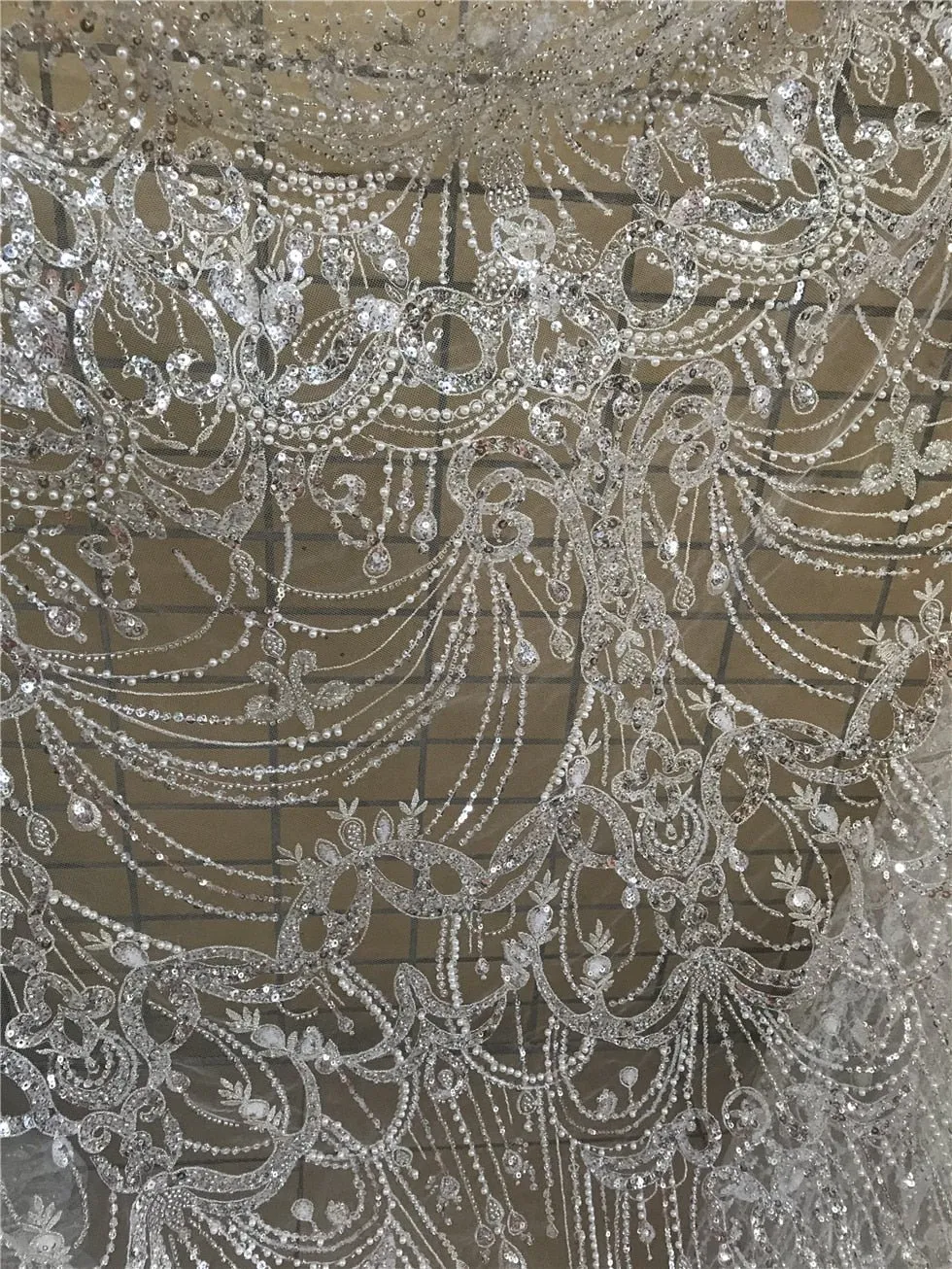 5 YARDS / Elodie White Regal Beaded Embroidery Glitter Mesh Lace  Party Prom Bridal Dress Fabric