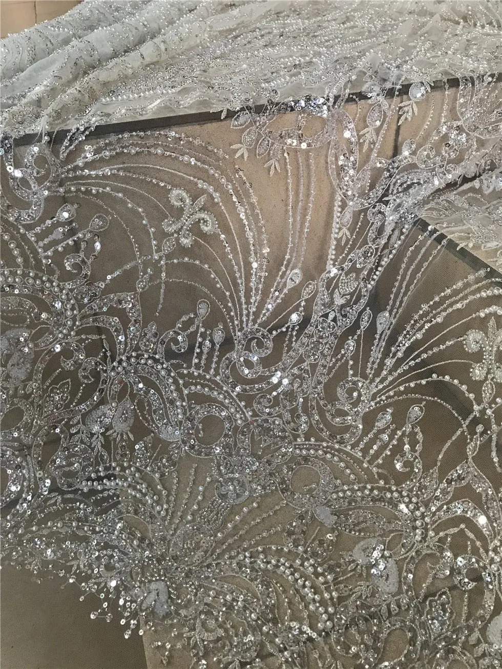 5 YARDS / Elodie White Regal Beaded Embroidery Glitter Mesh Lace  Party Prom Bridal Dress Fabric
