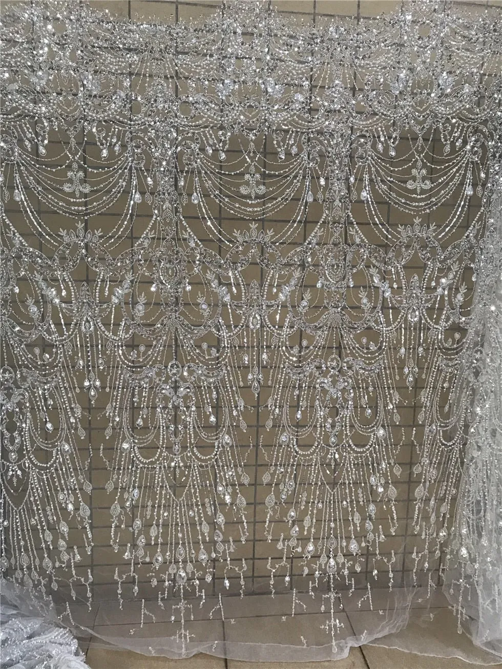 5 YARDS / Elodie White Regal Beaded Embroidery Glitter Mesh Lace  Party Prom Bridal Dress Fabric