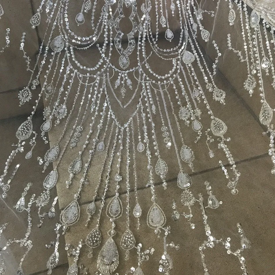 5 YARDS / Elodie White Regal Beaded Embroidery Glitter Mesh Lace  Party Prom Bridal Dress Fabric
