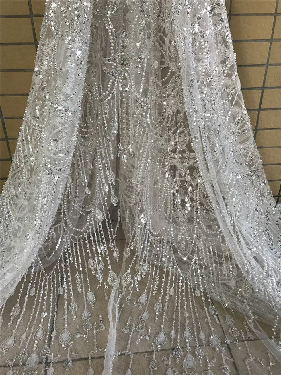 5 YARDS / Elodie White Regal Beaded Embroidery Glitter Mesh Lace  Party Prom Bridal Dress Fabric