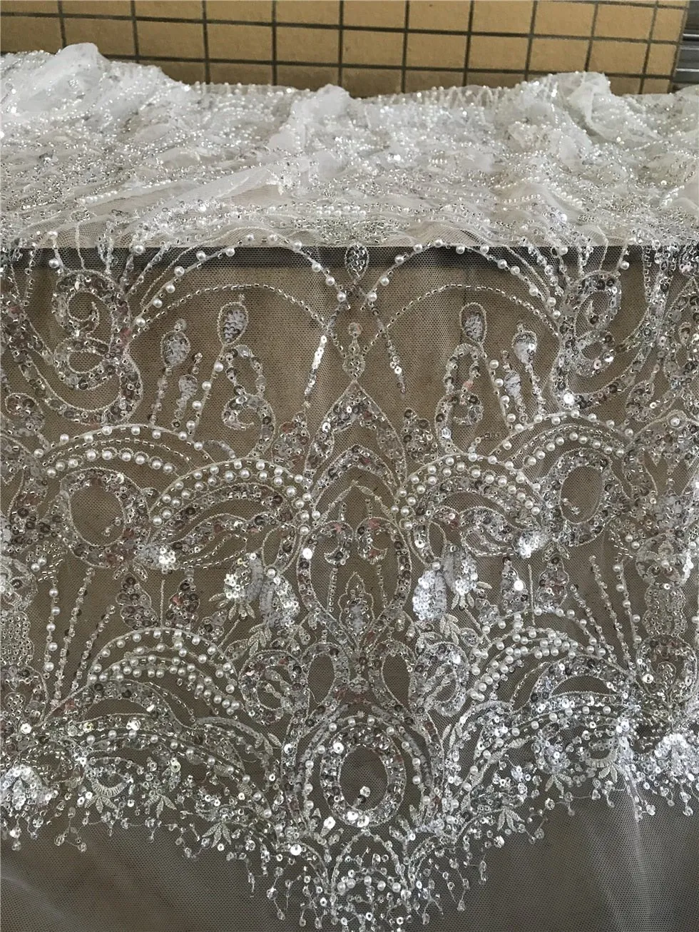5 YARDS / Elodie White Regal Beaded Embroidery Glitter Mesh Lace  Party Prom Bridal Dress Fabric