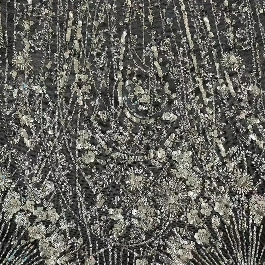 5 YARDS / Lizéa Starburst Ivory Beige Sequin Embroidery Tulle Mesh Sequin Lace Party Prom Bridal Dress Fabric