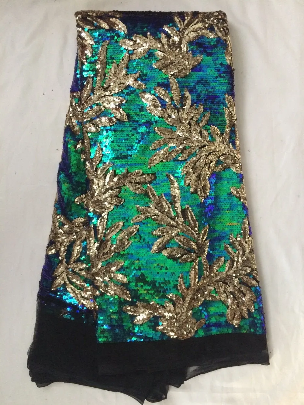 5 YARDS / Vanessa Iridescent Blue Green Gold Floral Sequin Embroidery Mesh Lace Party Prom Bridal Dress Fabric
