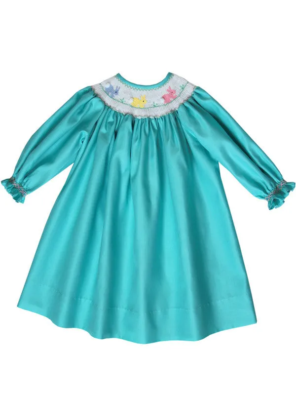 Aquamarine Girls Bishop Dress with Smocked Easter Bunny and Long Sleeves