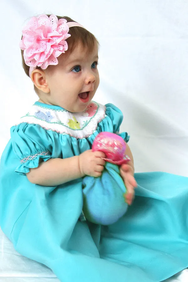 Aquamarine Girls Bishop Dress with Smocked Easter Bunny and Long Sleeves