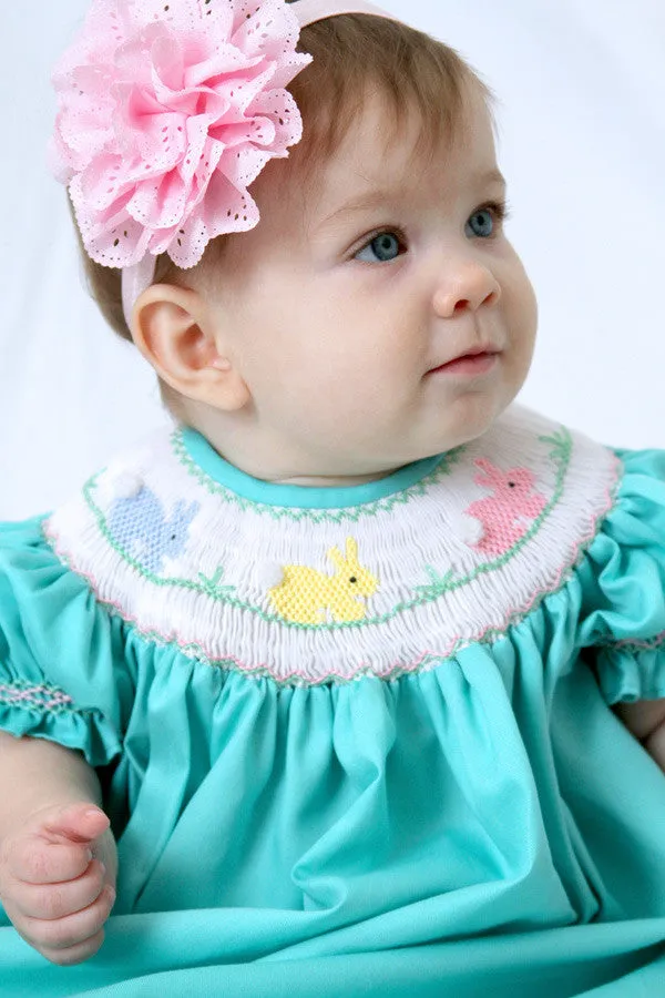 Aquamarine Girls Bishop Dress with Smocked Easter Bunny and Long Sleeves