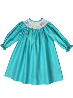 Aquamarine Girls Bishop Dress with Smocked Easter Bunny and Long Sleeves
