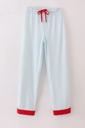 Blue Stripe Christmas Santa Claus Embroidery Men Pajamas Pants