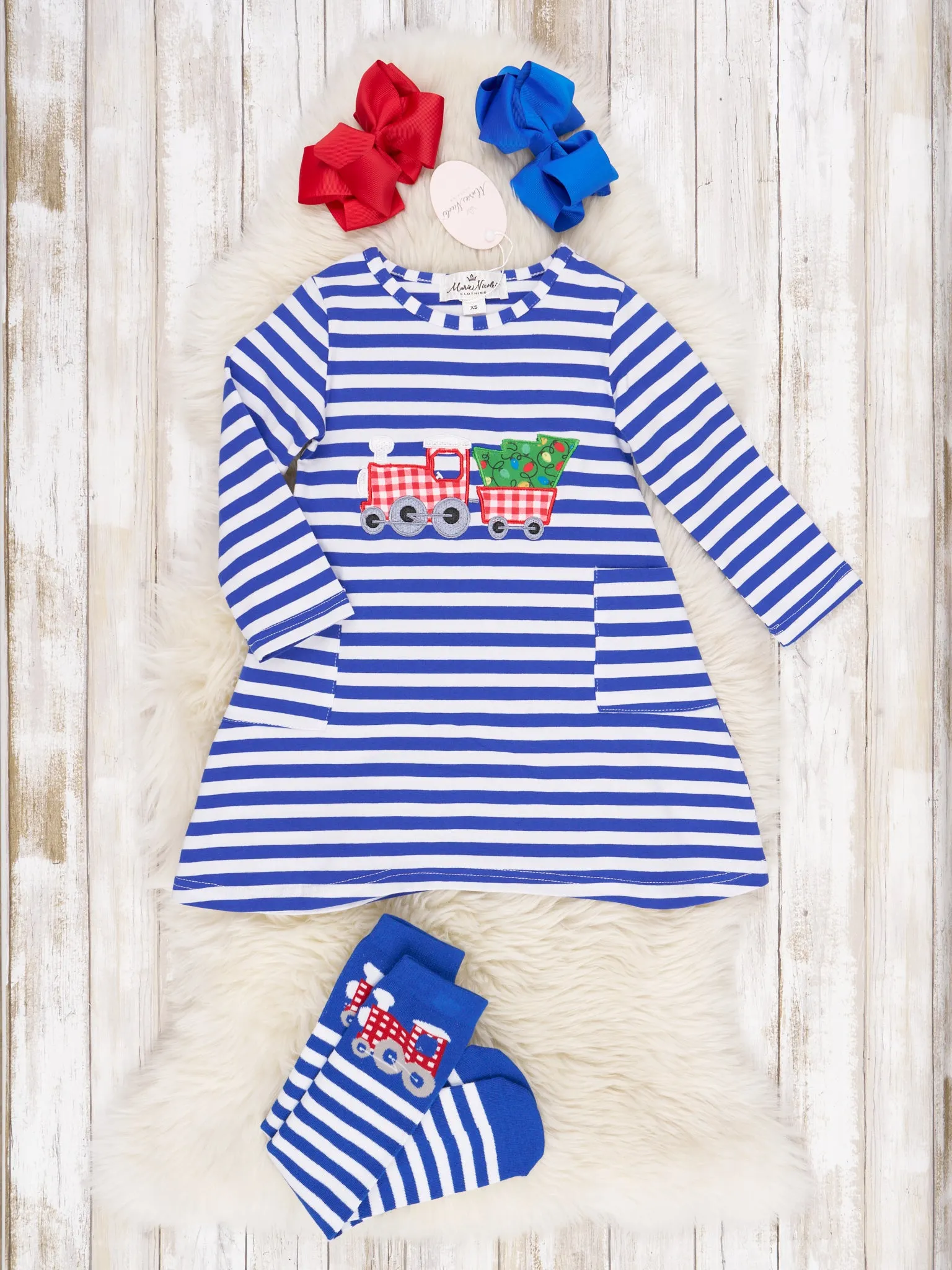 Blue Striped Christmas Tree Train Pocket Dress