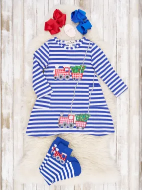 Blue Striped Christmas Tree Train Pocket Dress