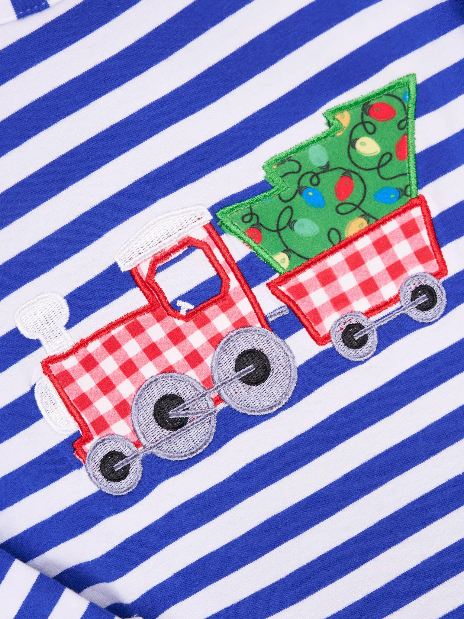 Blue Striped Christmas Tree Train Pocket Dress