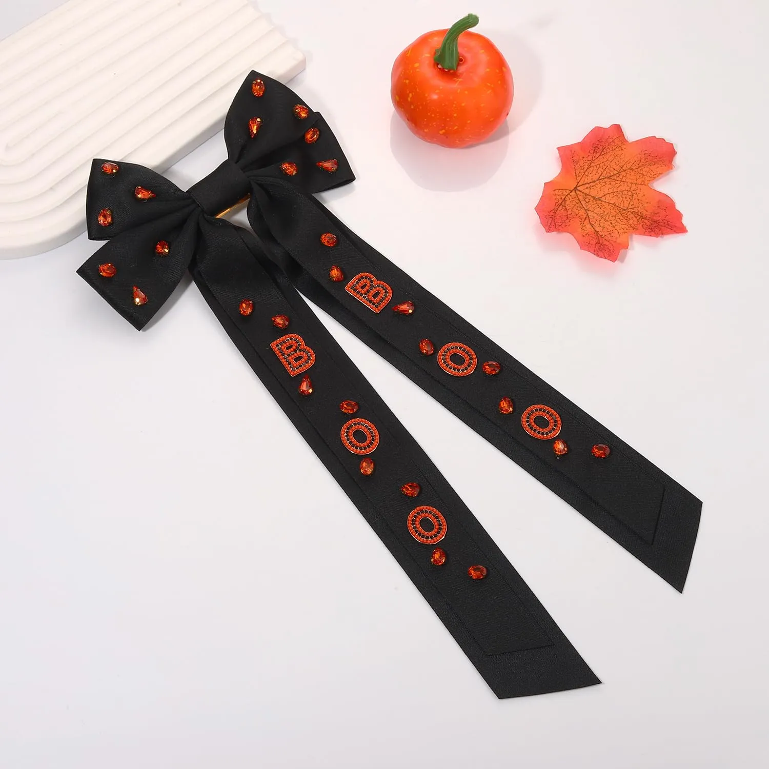 Boderier Halloween Hair Bows for Women Girls Beaded BOO Hair Bow Clips Big Jeweled Crystal Satin Bow Barrette Hair Clip Halloween Hair Accessories for Women