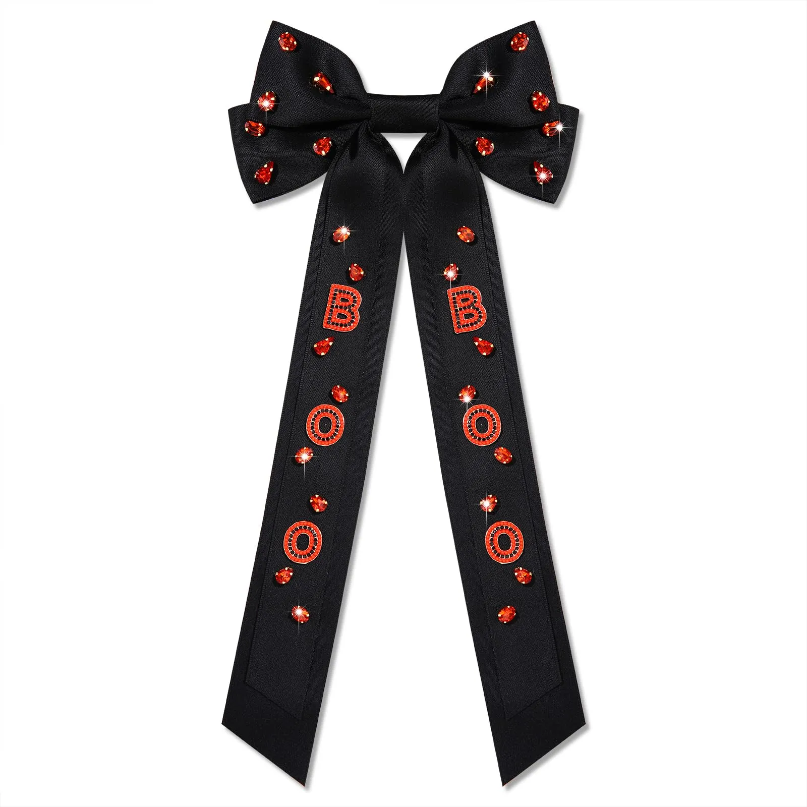 Boderier Halloween Hair Bows for Women Girls Beaded BOO Hair Bow Clips Big Jeweled Crystal Satin Bow Barrette Hair Clip Halloween Hair Accessories for Women