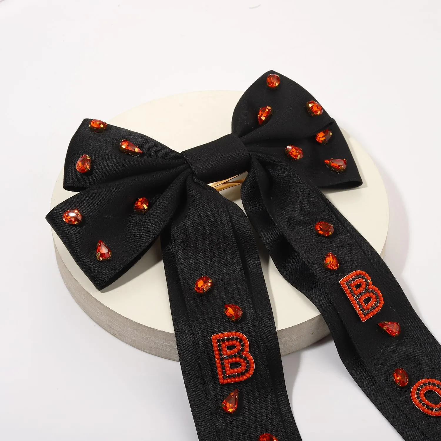 Boderier Halloween Hair Bows for Women Girls Beaded BOO Hair Bow Clips Big Jeweled Crystal Satin Bow Barrette Hair Clip Halloween Hair Accessories for Women