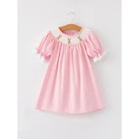 Easter Bunny Smocking Embroidered Lace Cuff Pink Dress