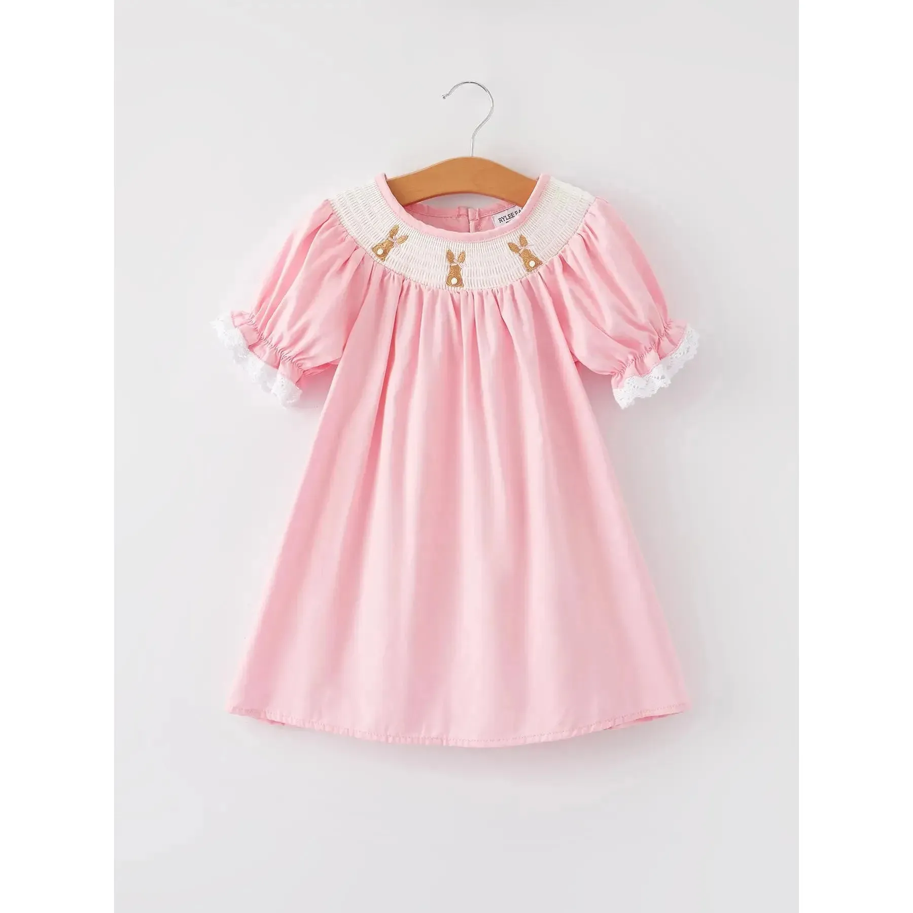 Easter Bunny Smocking Embroidered Lace Cuff Pink Dress