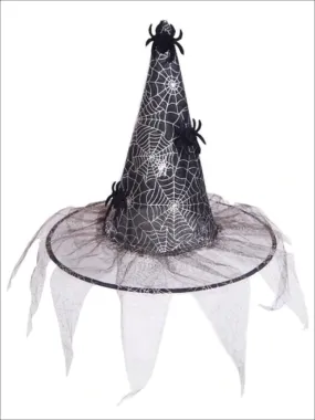 Girls Black & Silver Spooky Spider Web Witch Hat