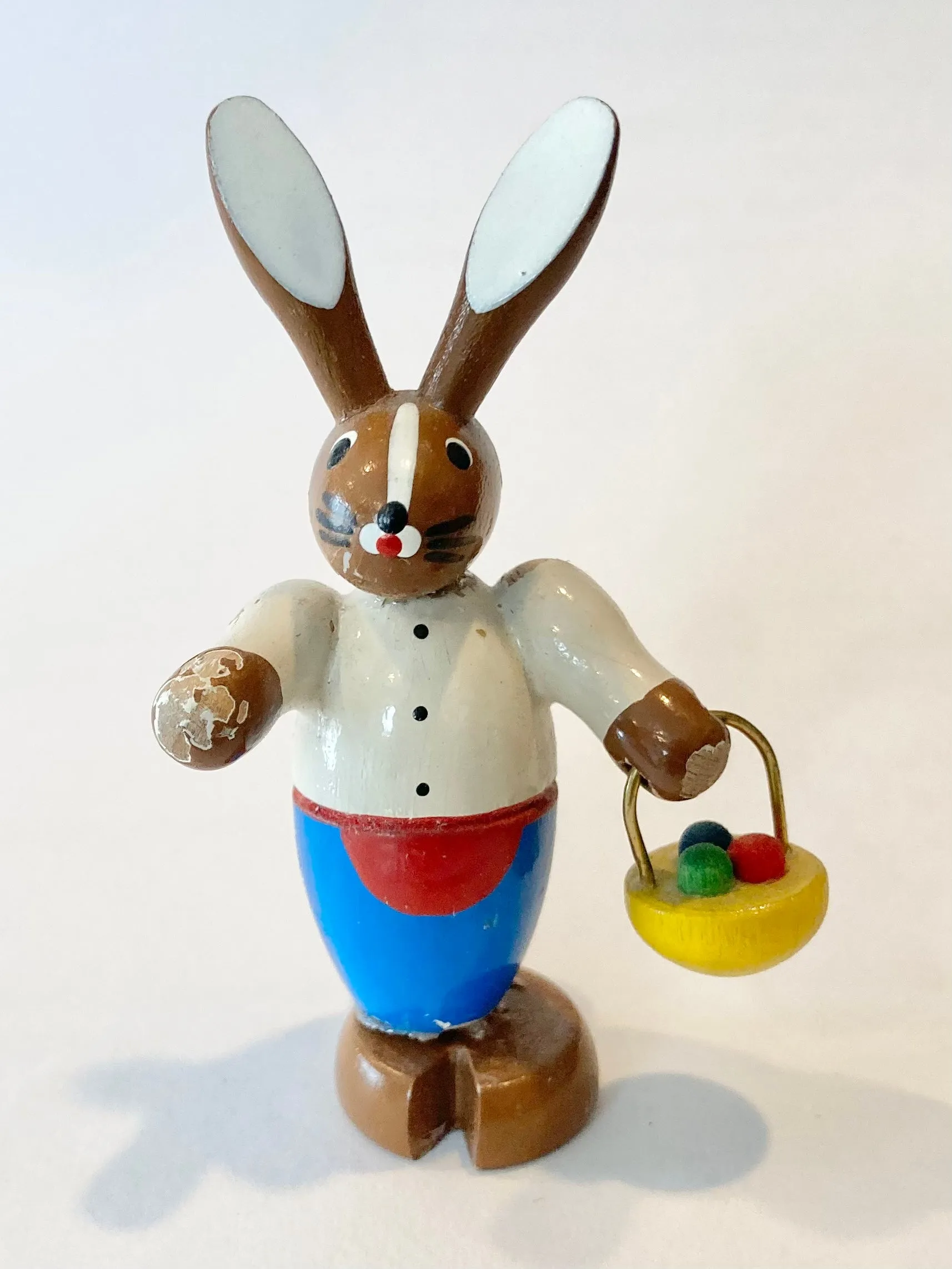 Mini Ore Mountain Hand Made Painted Wooden Male  Easter Bunny with Egg Basket