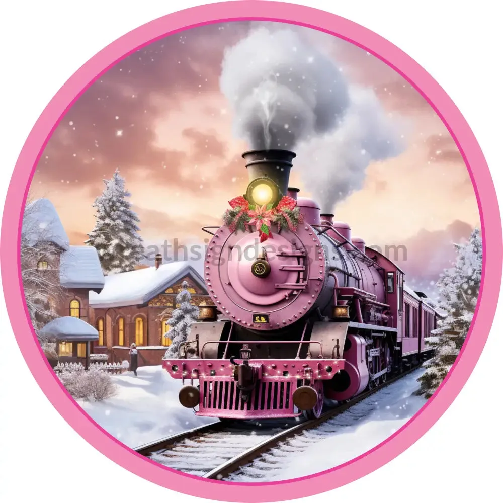 Pink Snowy Christmas Train- Metal wreath Sign