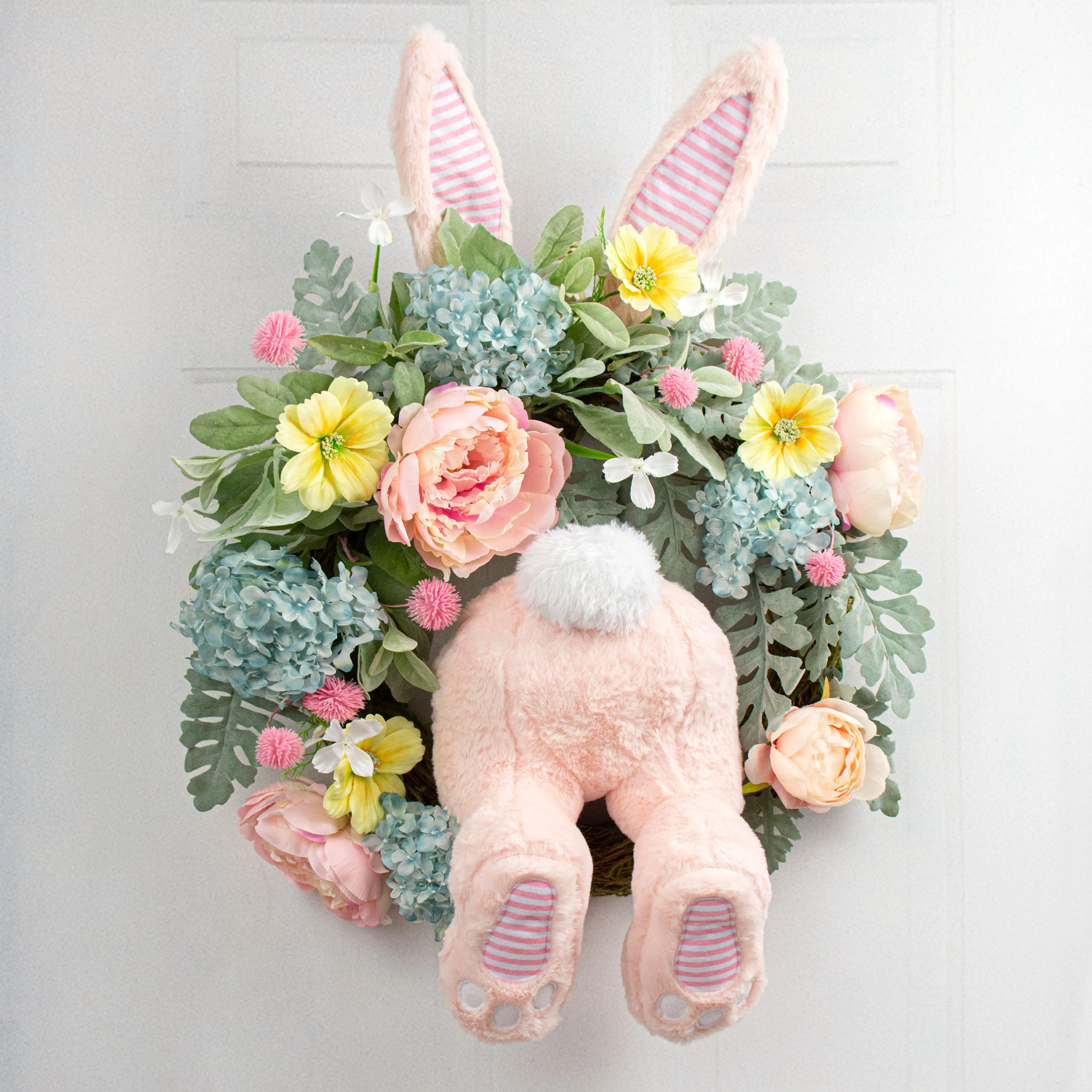 Plush Bunny Wreath Decoration: Light Pink & White