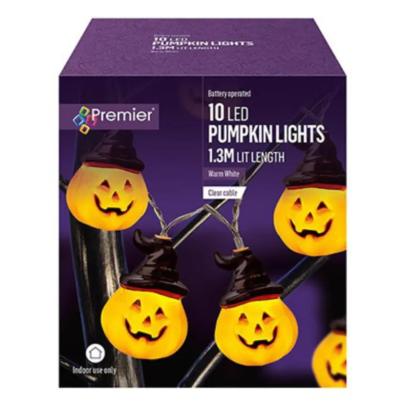 Set of 10 Pumpkin With Witch Hats LED Lights