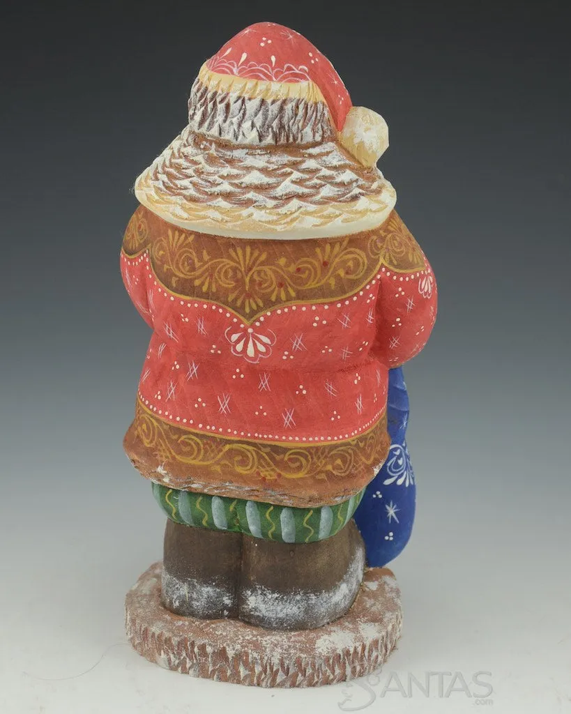 Wooden Russian Santa Claus Holding a Little Snowman and Toy Bag