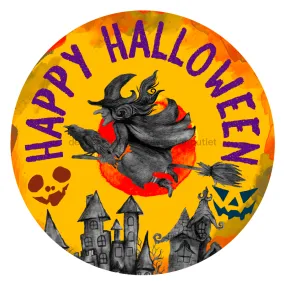 Wreath Sign, Halloween Happy Halloween Witch 18" Wood Round  Sign DECOE-156, Sign For Wreath, DecoExchange