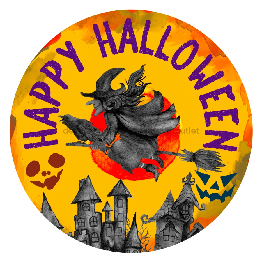 Wreath Sign, Halloween Happy Halloween Witch 18" Wood Round  Sign DECOE-156, Sign For Wreath, DecoExchange